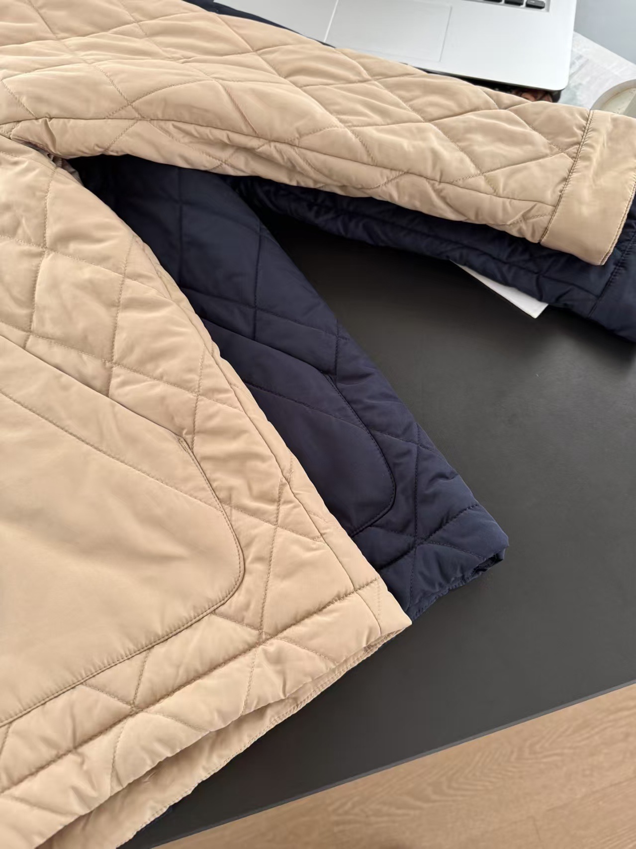 Wool blend plain weave mid-length down jacket