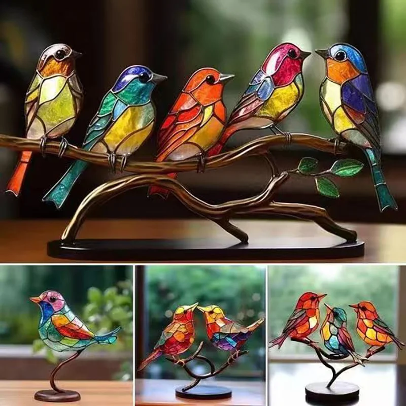 💕Handmade Colorful Birds on Branch Desktop Ornaments🐦