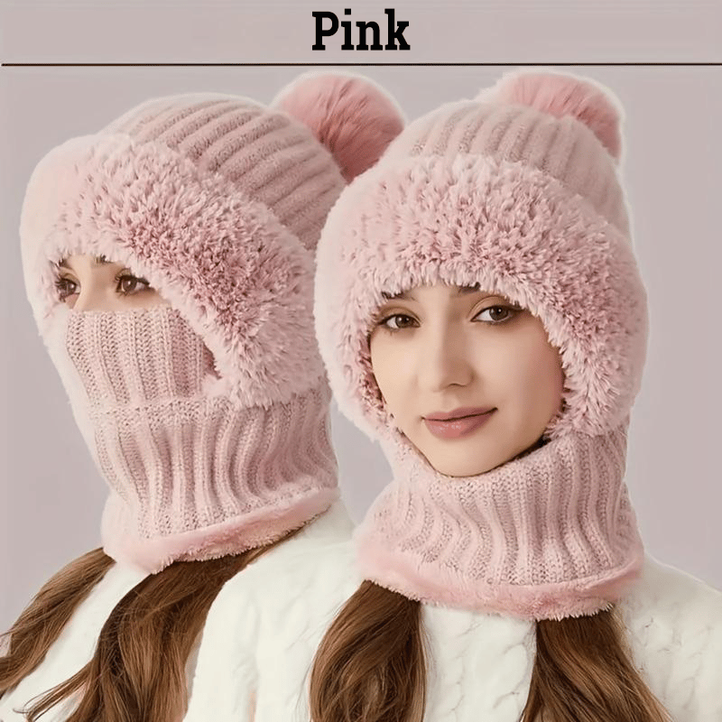 Knitted Thickened With Fleece One-piece Scarf Mask Warm Hat