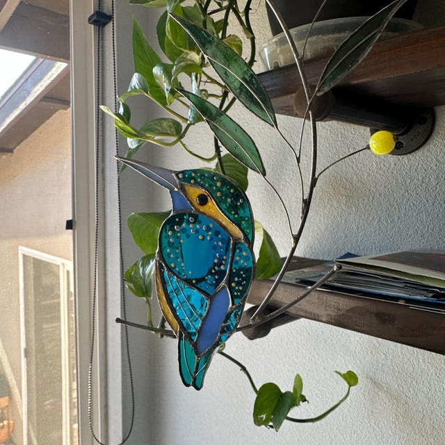 💕Handmade Stained Glass Kingfisher Hummingbird Suncatcher, Bird Window Hanging, Unique Home Decor, Gift for Mom