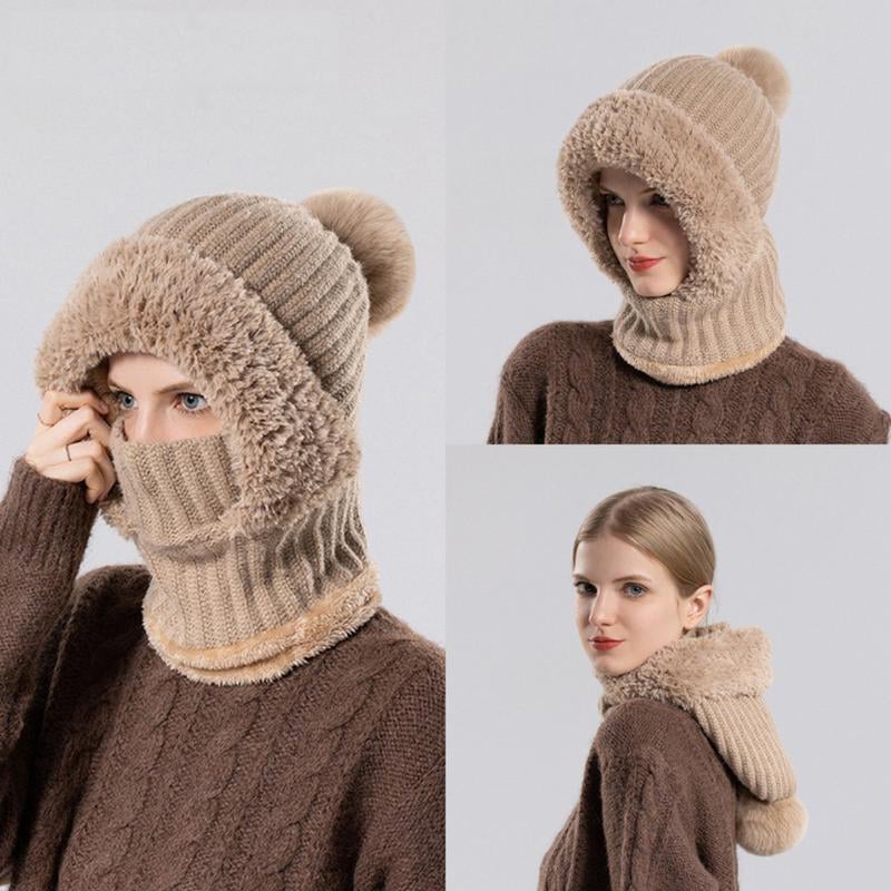 Knitted Thickened With Fleece One-piece Scarf Mask Warm Hat