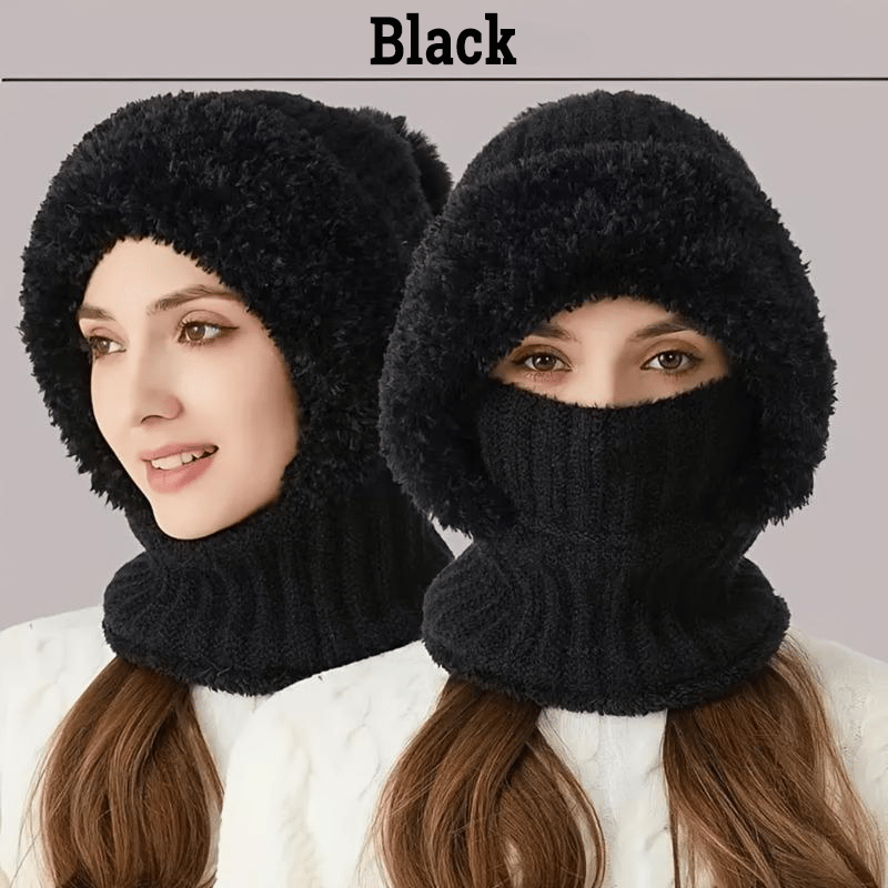 Knitted Thickened With Fleece One-piece Scarf Mask Warm Hat