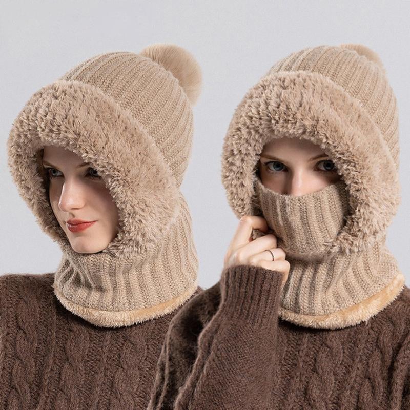 Knitted Thickened With Fleece One-piece Scarf Mask Warm Hat