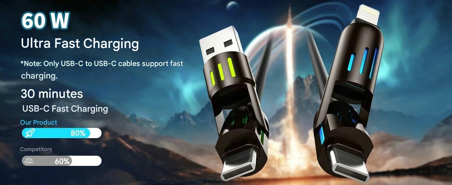 ⏰4-in-1 USB charging cable, fast charging, MAX. 60 W