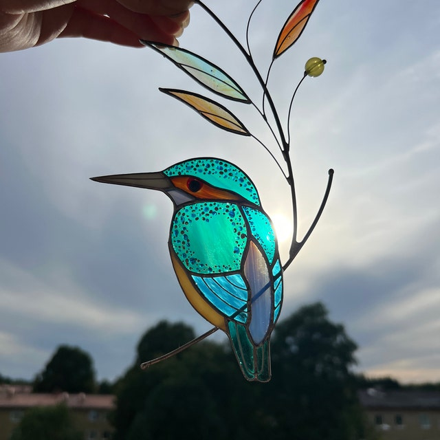 💕Handmade Stained Glass Kingfisher Hummingbird Suncatcher, Bird Window Hanging, Unique Home Decor, Gift for Mom