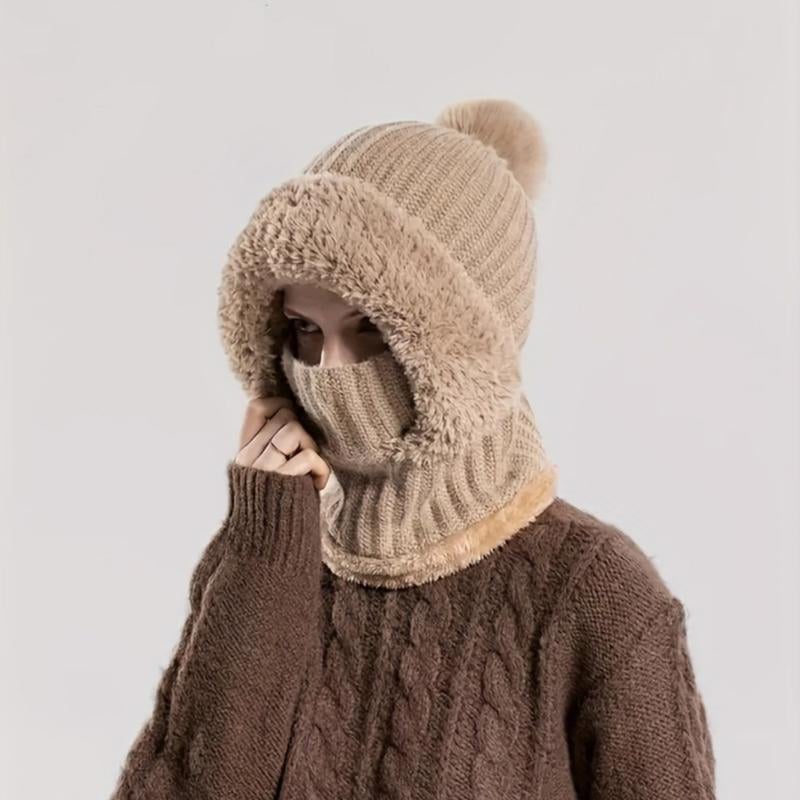 Knitted Thickened With Fleece One-piece Scarf Mask Warm Hat