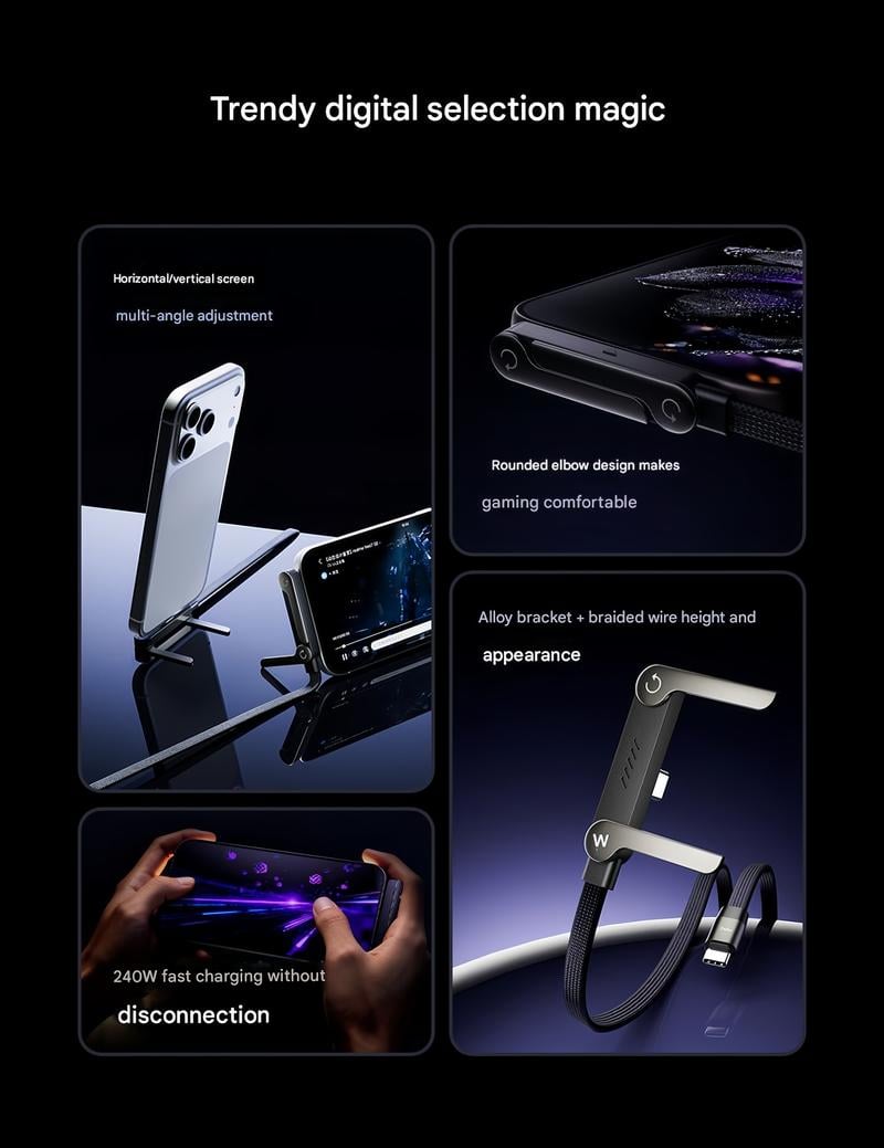 basemo Invisible Holder Charger Cable with Stand, 240w super fast charging 2-in-1 Fast Charging Cord & Phone Stand for Gaming, Office, Car Travel, Compatible with iPhone Samsung Type-C charging cable Black