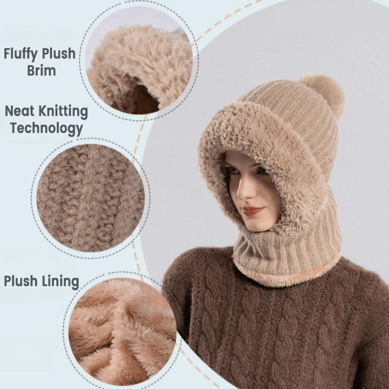 Knitted Thickened With Fleece One-piece Scarf Mask Warm Hat