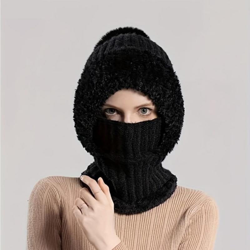 Knitted Thickened With Fleece One-piece Scarf Mask Warm Hat