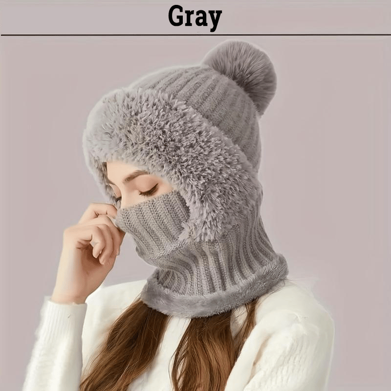 Knitted Thickened With Fleece One-piece Scarf Mask Warm Hat