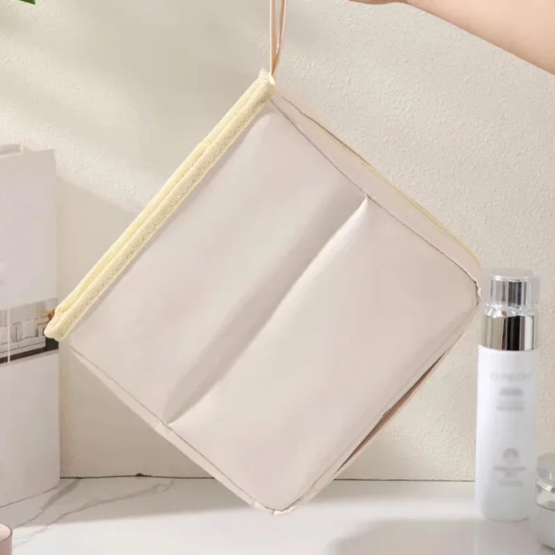 Hanging strap cosmetic bag for smart storage in bathroom or hotel
