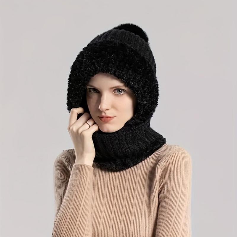 Knitted Thickened With Fleece One-piece Scarf Mask Warm Hat