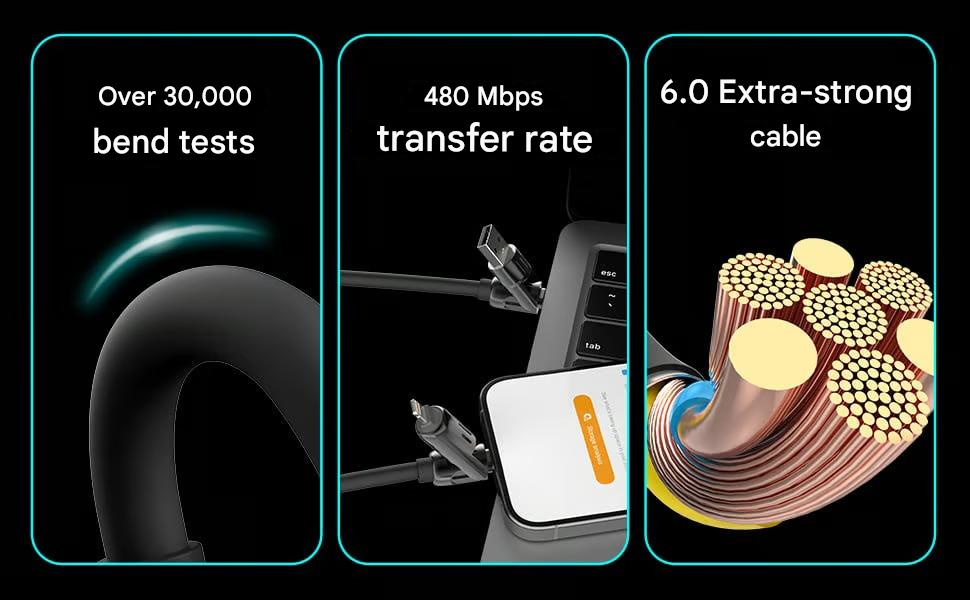 ⏰4-in-1 USB charging cable, fast charging, MAX. 60 W
