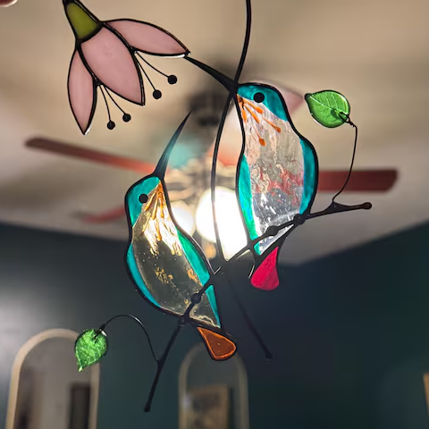 💕Handmade Stained Glass Kingfisher Hummingbird Suncatcher, Bird Window Hanging, Unique Home Decor, Gift for Mom