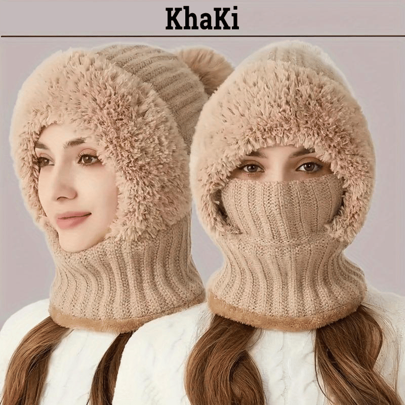 Knitted Thickened With Fleece One-piece Scarf Mask Warm Hat
