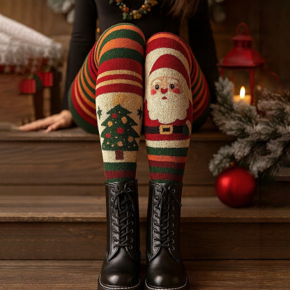 Retro Christmas Tree Santa Claus Art Cozy Knit Leggings