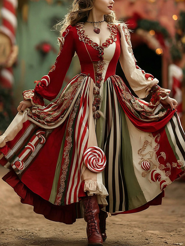 Women's Christmas Candy Stripe Casual V-neck Maxi Dress