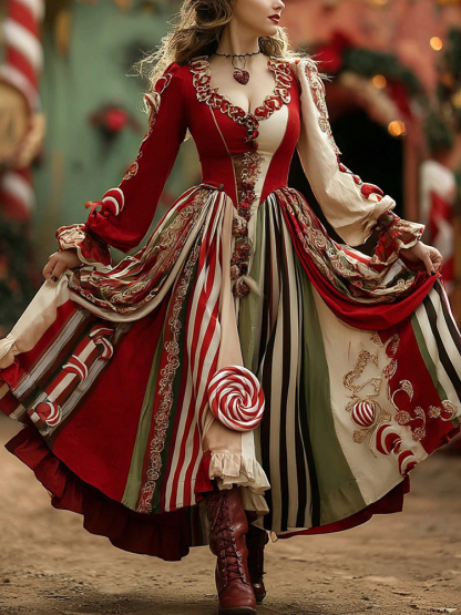 Women's Christmas Candy Stripe Casual V-neck Maxi Dress