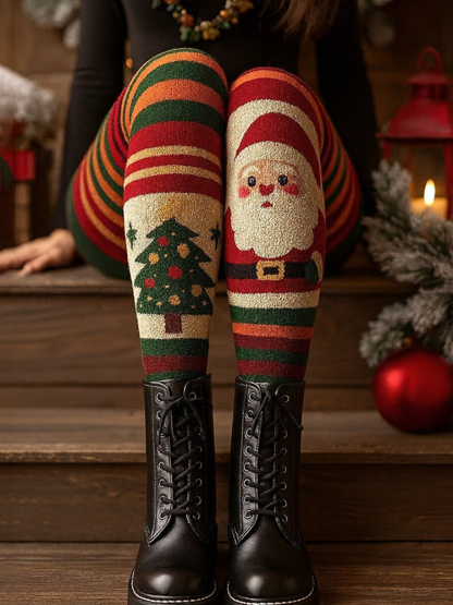 Retro Christmas Tree Santa Claus Art Cozy Knit Leggings