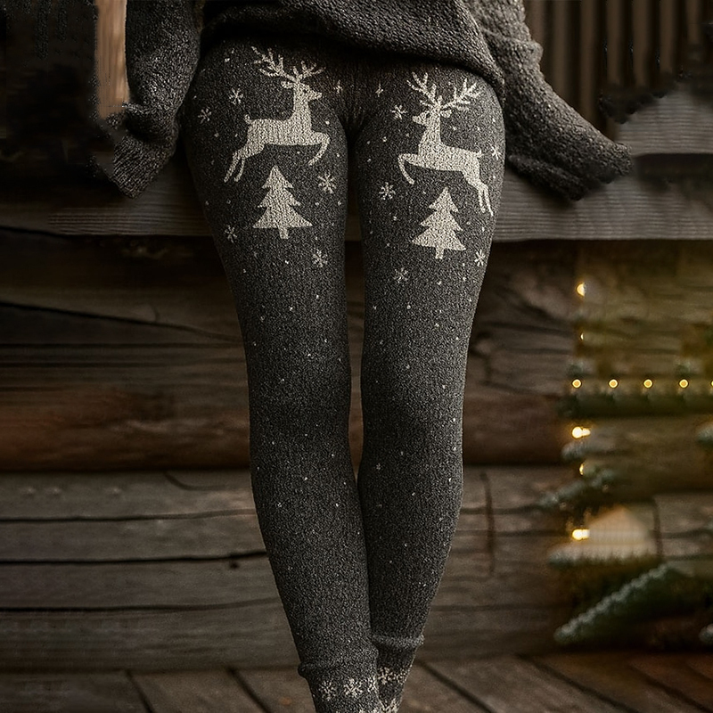 Retro Christmas Elk Art Cozy Knit Leggings