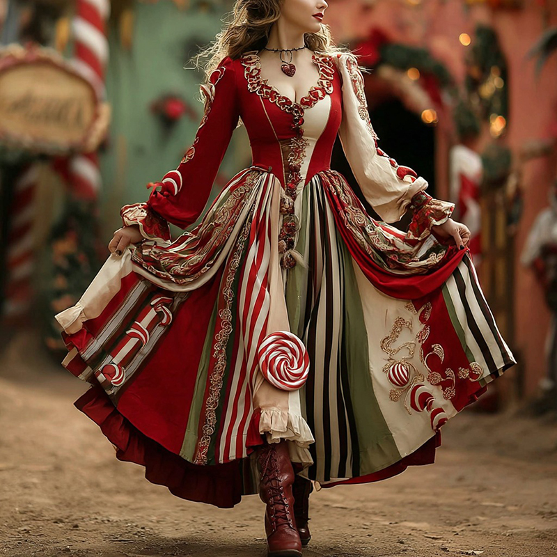 Women's Christmas Candy Stripe Casual V-neck Maxi Dress