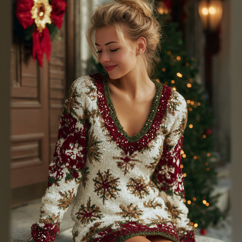 Christmas Women's Winter Warm V-neck Knitted Sweater Dress