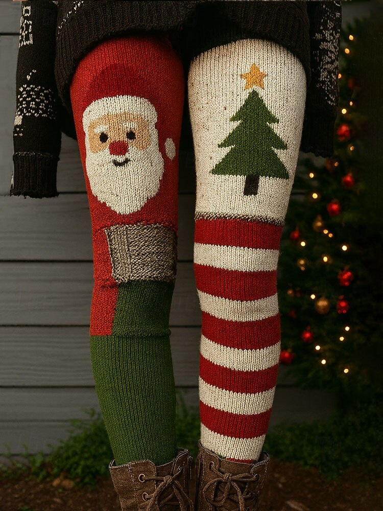 Retro Christmas Tree And Santa Claus Art Cozy Knit Leggings