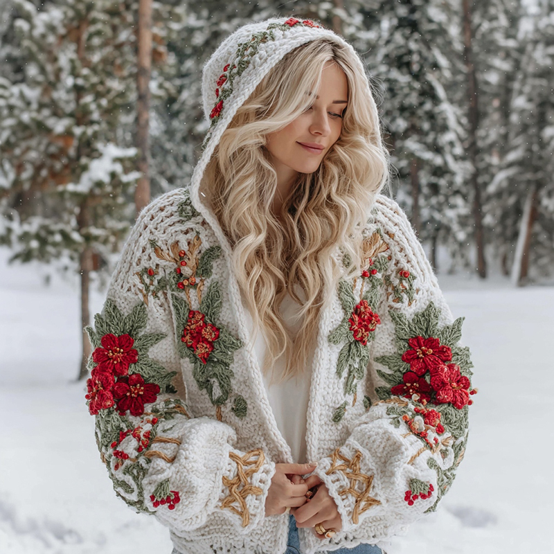 Women's Christmas Flower Celtic Knot Jacquard Button Chunky Hooded Swe