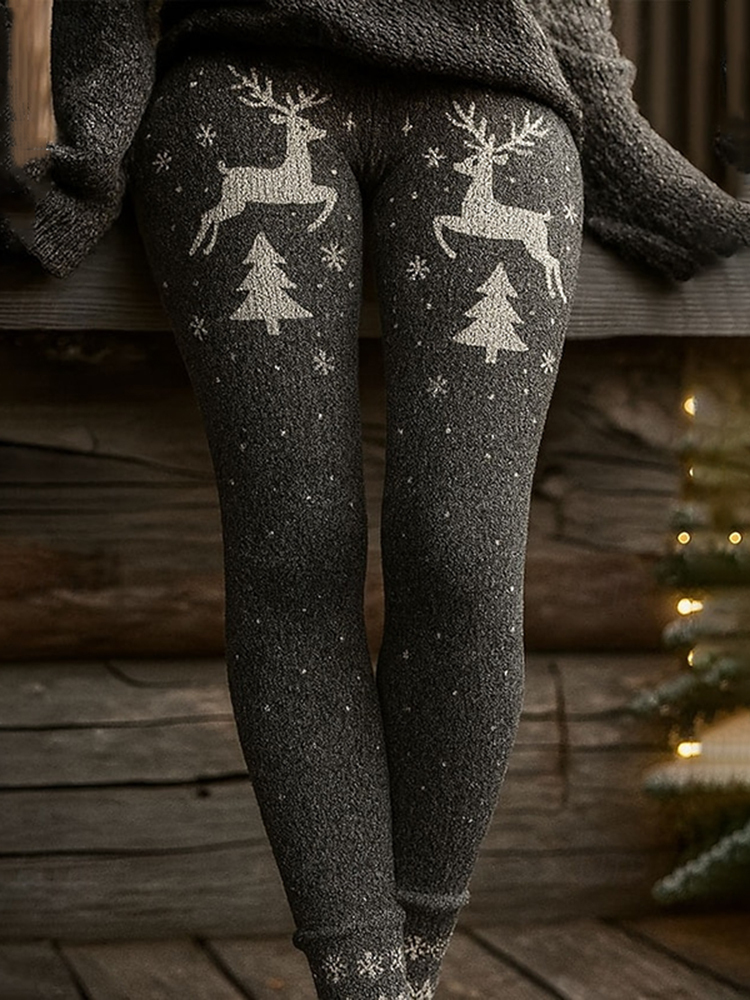 Retro Christmas Elk Art Cozy Knit Leggings