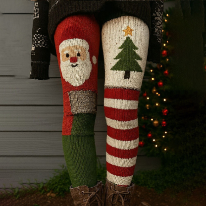 Retro Christmas Tree And Santa Claus Art Cozy Knit Leggings