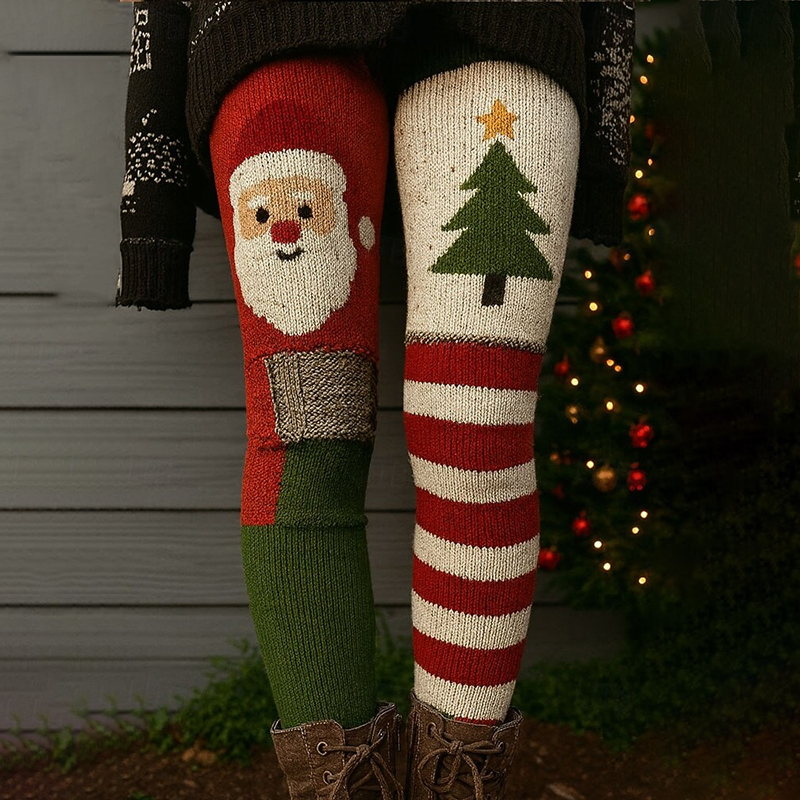 Retro Christmas Tree And Santa Claus Art Cozy Knit Leggings