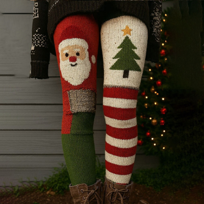 Retro Christmas Tree And Santa Claus Art Cozy Knit Leggings