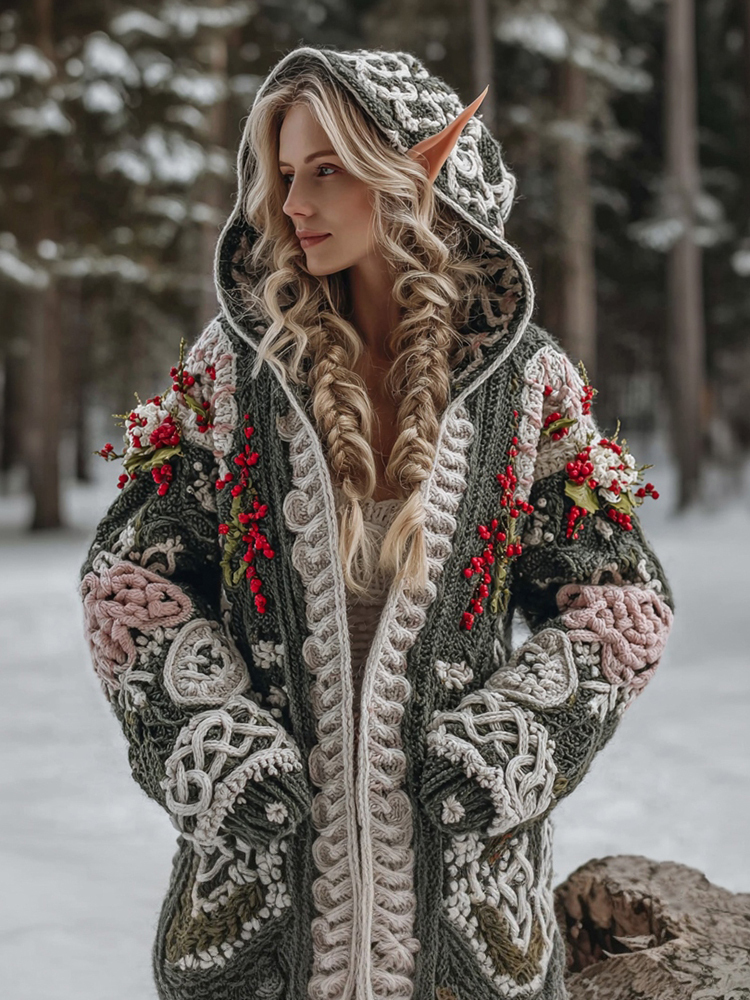 Women's Celtic Knot Christmas Flower Jacquard Chunky Hooded Sweater Cardigan