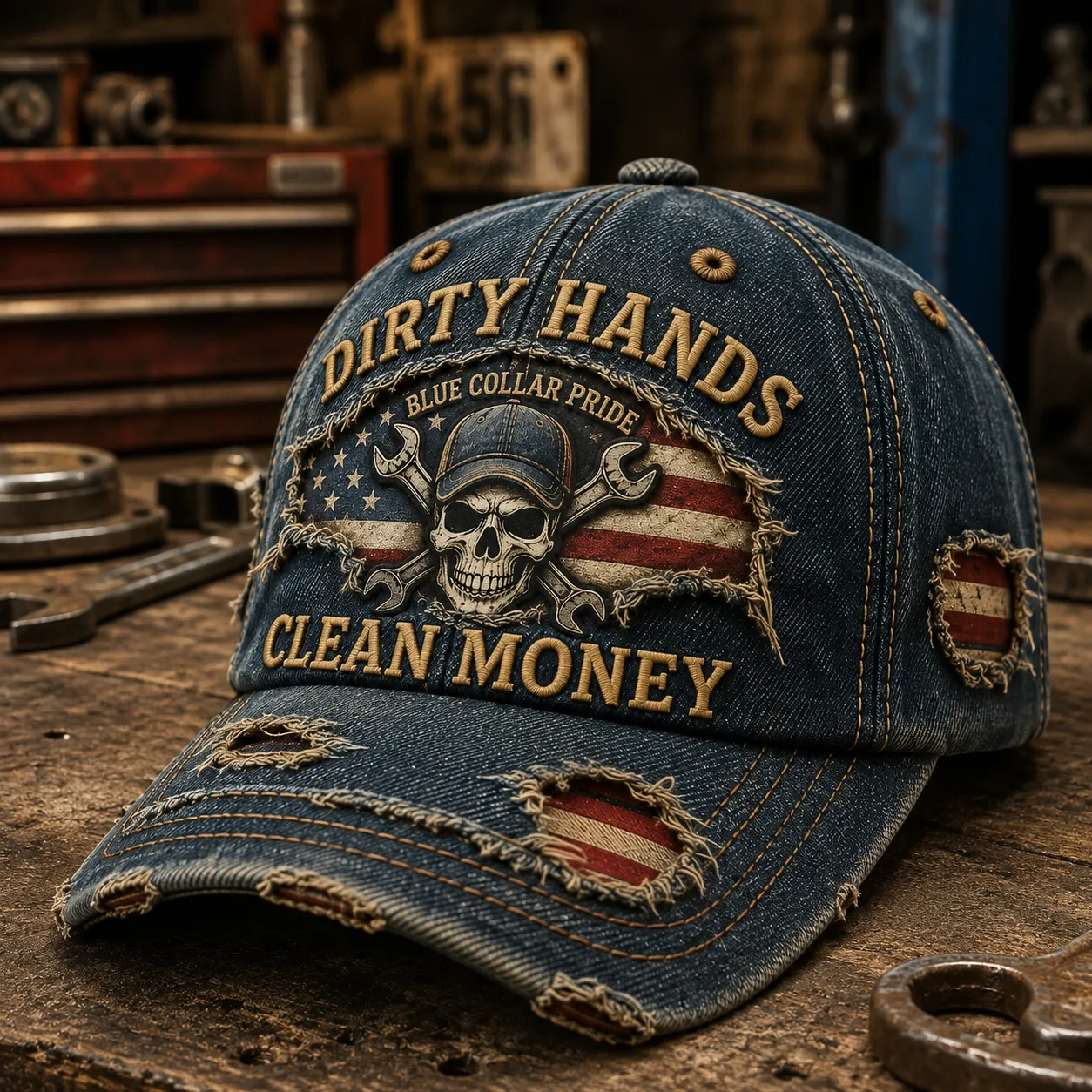 Dirty Hands Clean Money Vintage Denim Cap – Blue Collar Pride American Work Hat