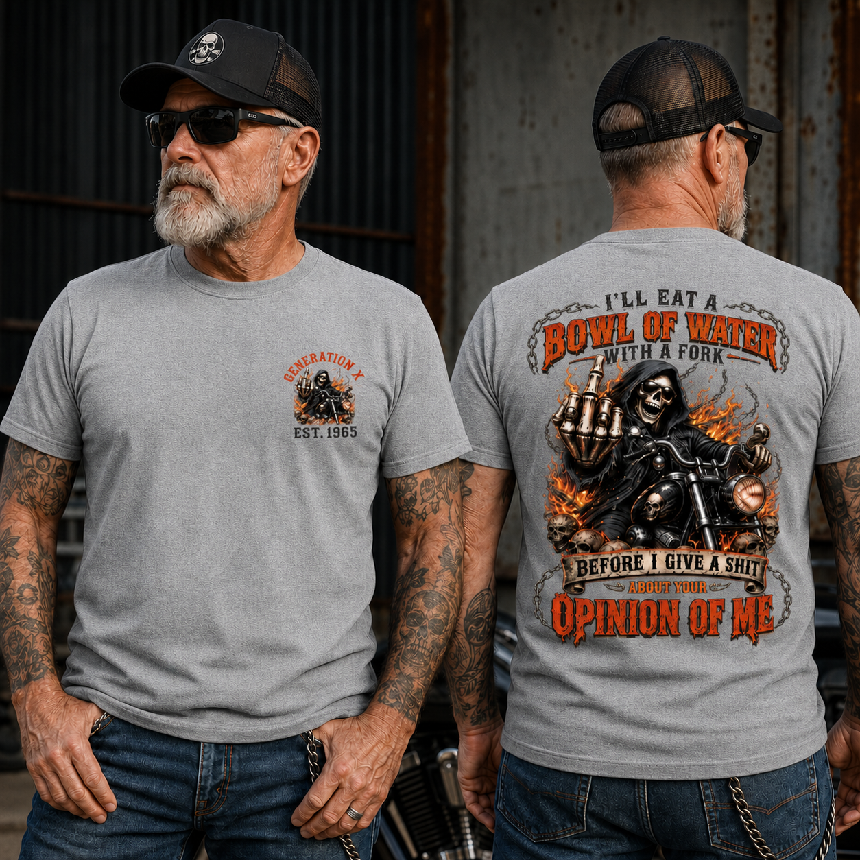 Personalized Year 1965-1980 I'll Eat A Bowl Of Water With A Fork Shirt, Biker Skull Graphic Tee