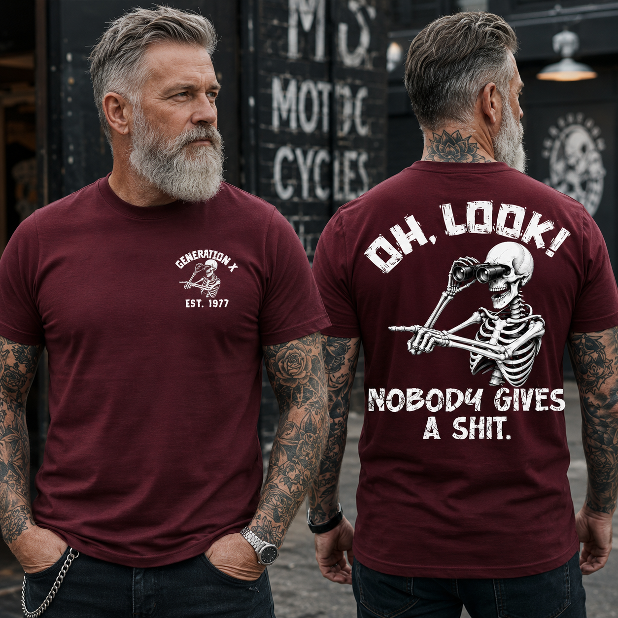 Personalization Year Gen X T Shirt, Oh Look Nobody Gives A Sh*t Skeleton Graphic Shirt