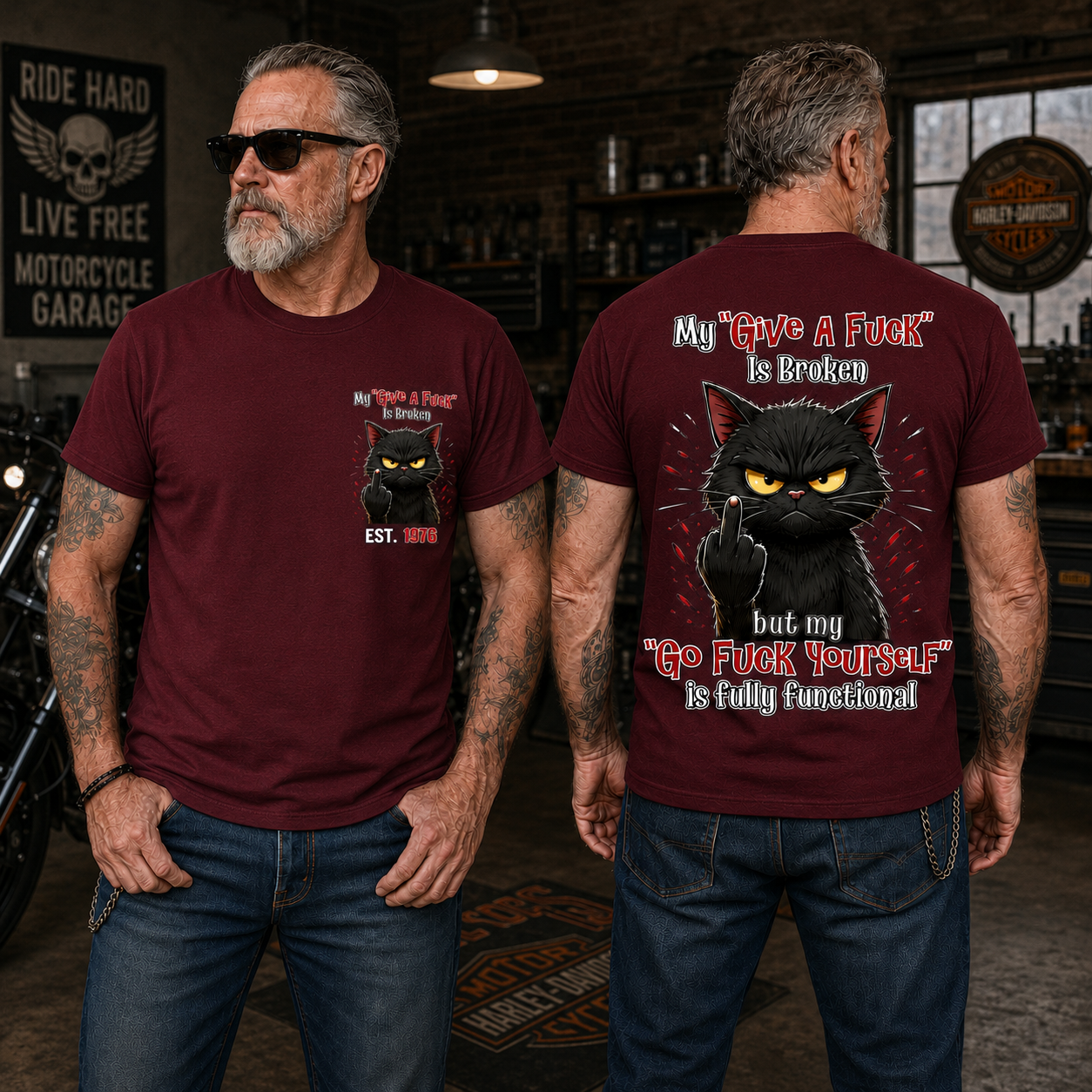My “Give A F*ck” Is Broken Funny Cat Graphic Tee | Custom EST Year Shirt