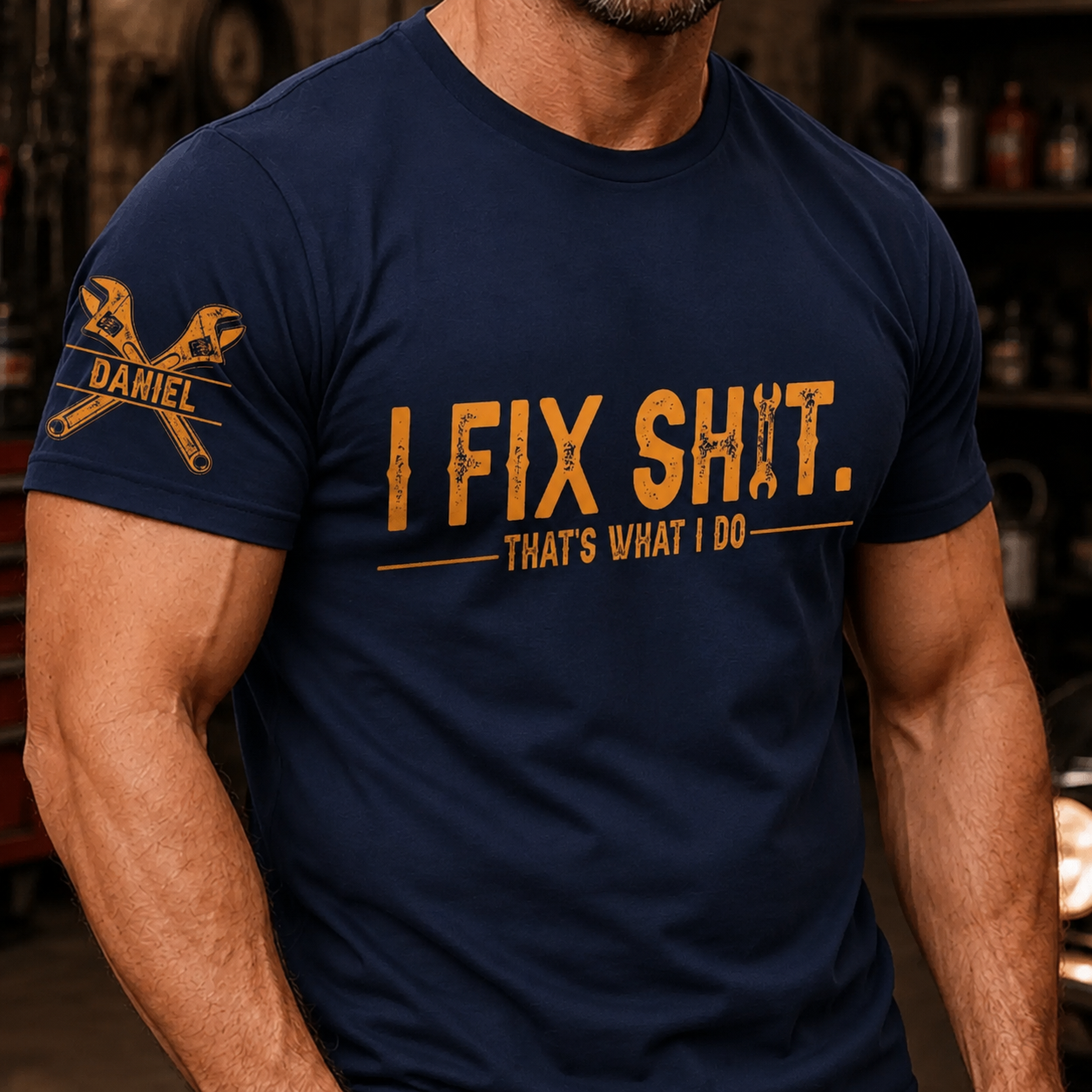 Custom Mechanic Unisex T-Shirt With Design On Sleeve - Personalized Birthday Gifts For Men, Dad, Grandpa, Husband - Built To Fix