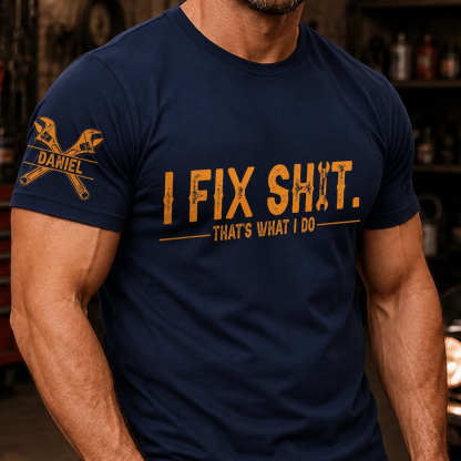 Custom Mechanic Unisex T-Shirt With Design On Sleeve - Personalized Birthday Gifts For Men, Dad, Grandpa, Husband - Built To Fix