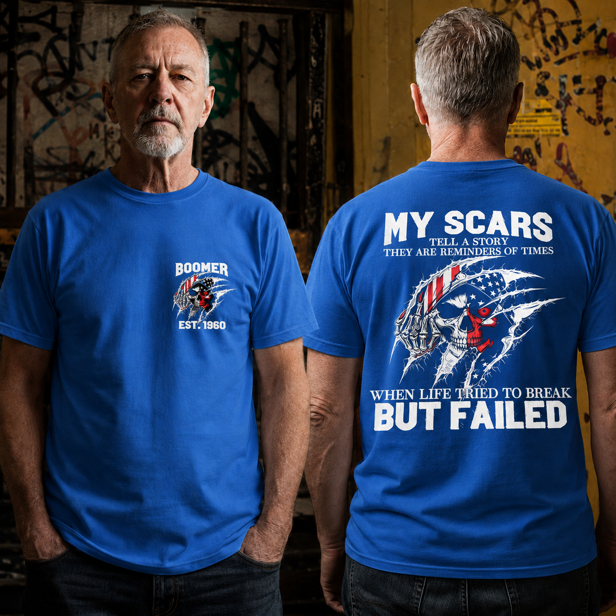 Custom Boomer/Gen X EST.Year & My Scars Tell A Story Double-Sided Patriotic Skull T-Shirt