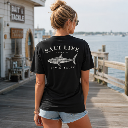 Salt Life Livin Salty Shark Fishing T Shirt for Men, Breathable Offshore Angler Tee, Ocean Lifestyle Top, Trendy Outdoor Beach Vacation Outfits Going Out Outfit