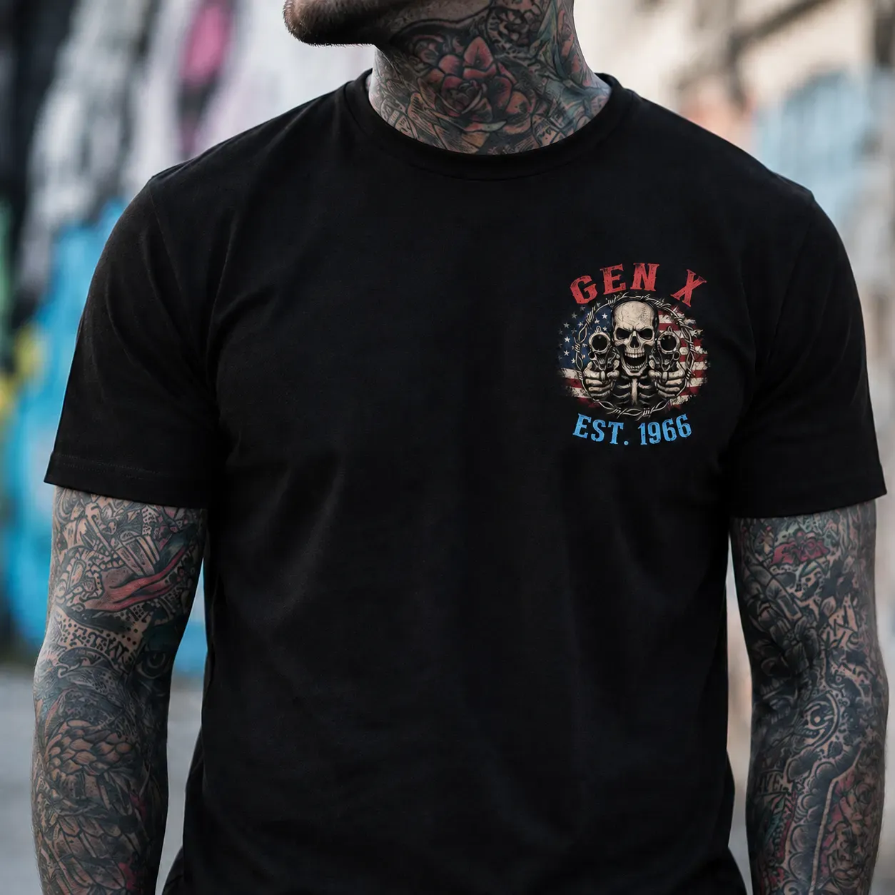 Custom Est Year Gen X Too Old To Fight Too Slow To Run But I Can Still Shoot Vintage Skull Graphic Tee