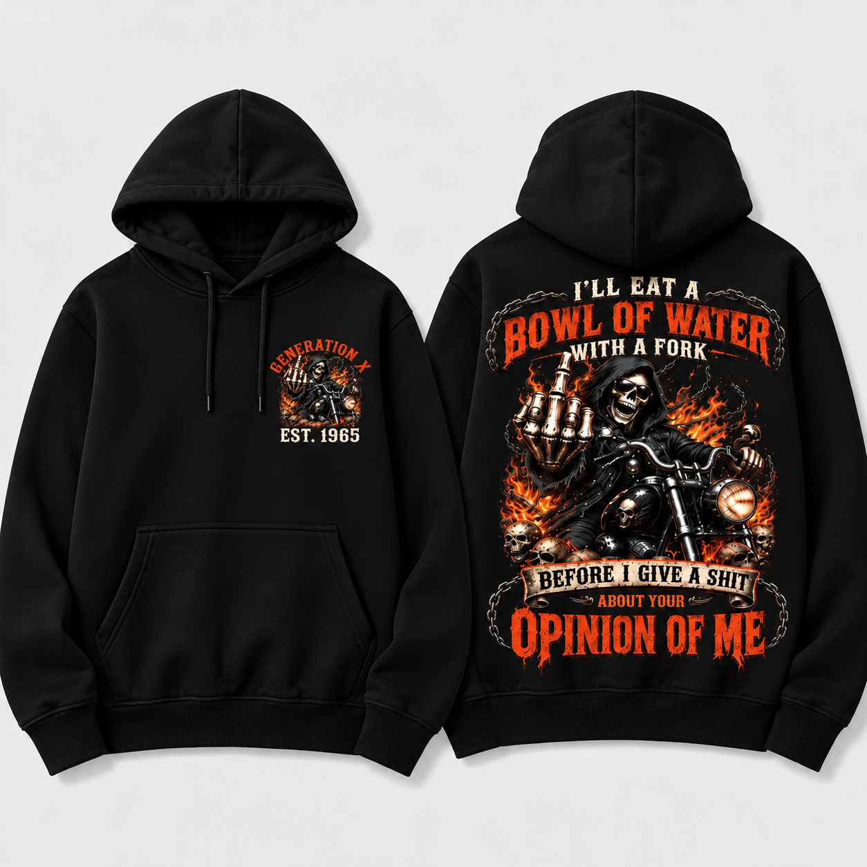 Personalized Year 1965-1980 I'll Eat A Bowl Of Water With A Fork Hoodie, Biker Skull Graphic Hoodie