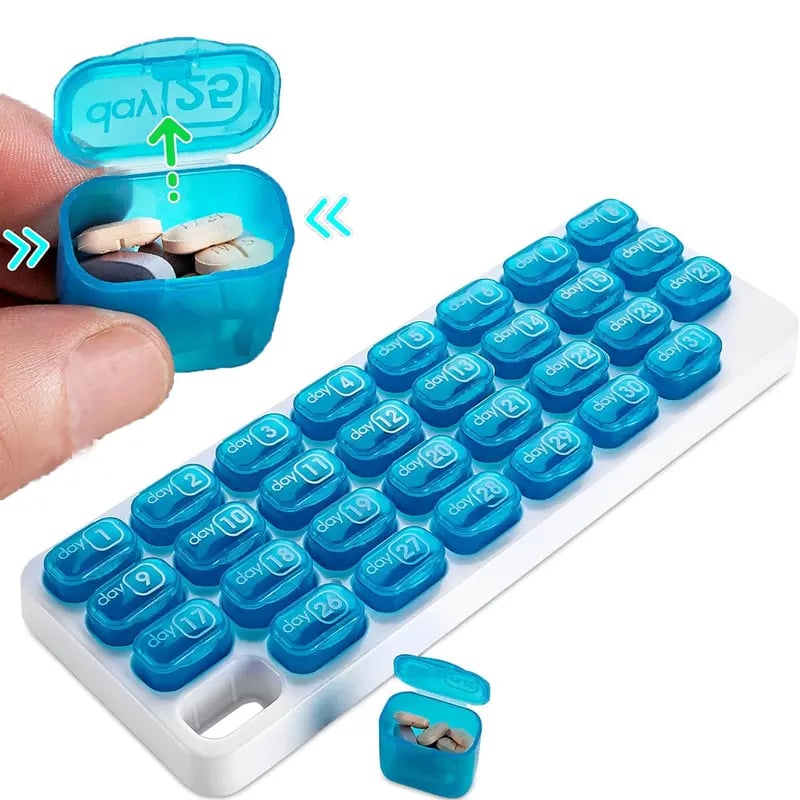 💊Monthly Pill Organizer with Lid - Arthritis-Friendly Easy-Open Lids 31 Removable Daily Pill Pods Date Reminder & Travel Case for Vitamins & Medications