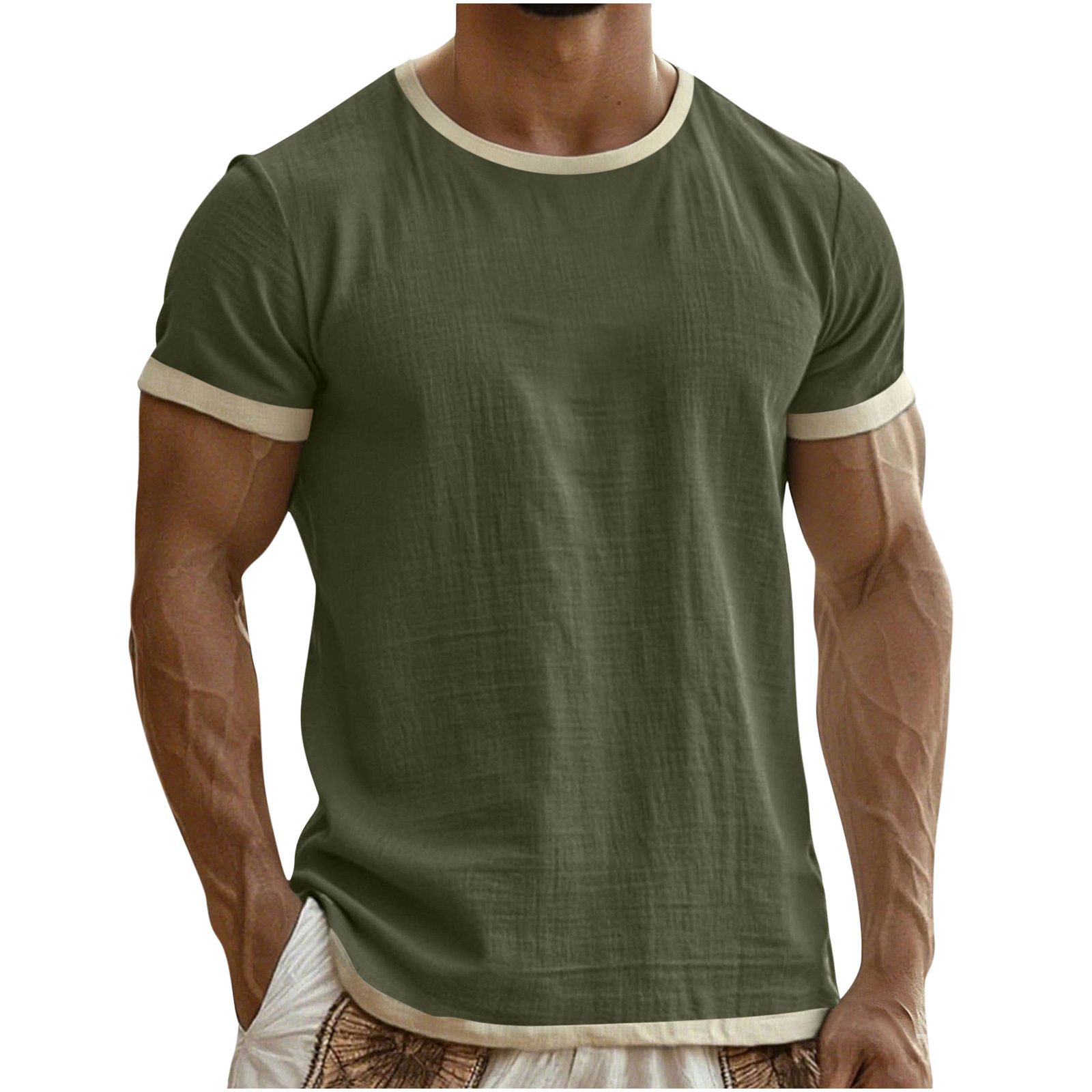 Men's Tee Top Linen T-Shirt Short Sleeves Crew Neck Summer Plain Fashion Designer