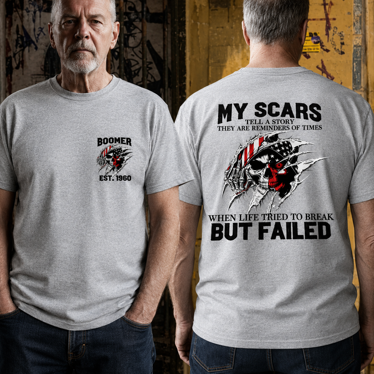 Custom Boomer/Gen X EST.Year & My Scars Tell A Story Double-Sided Patriotic Skull T-Shirt
