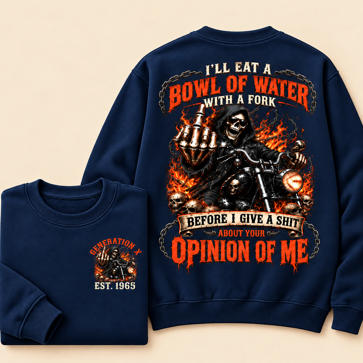 Personalized Year 1965-1980 I'll Eat A Bowl Of Water With A Fork Hoodie, Biker Skull Graphic Crewneck Sweatshirt