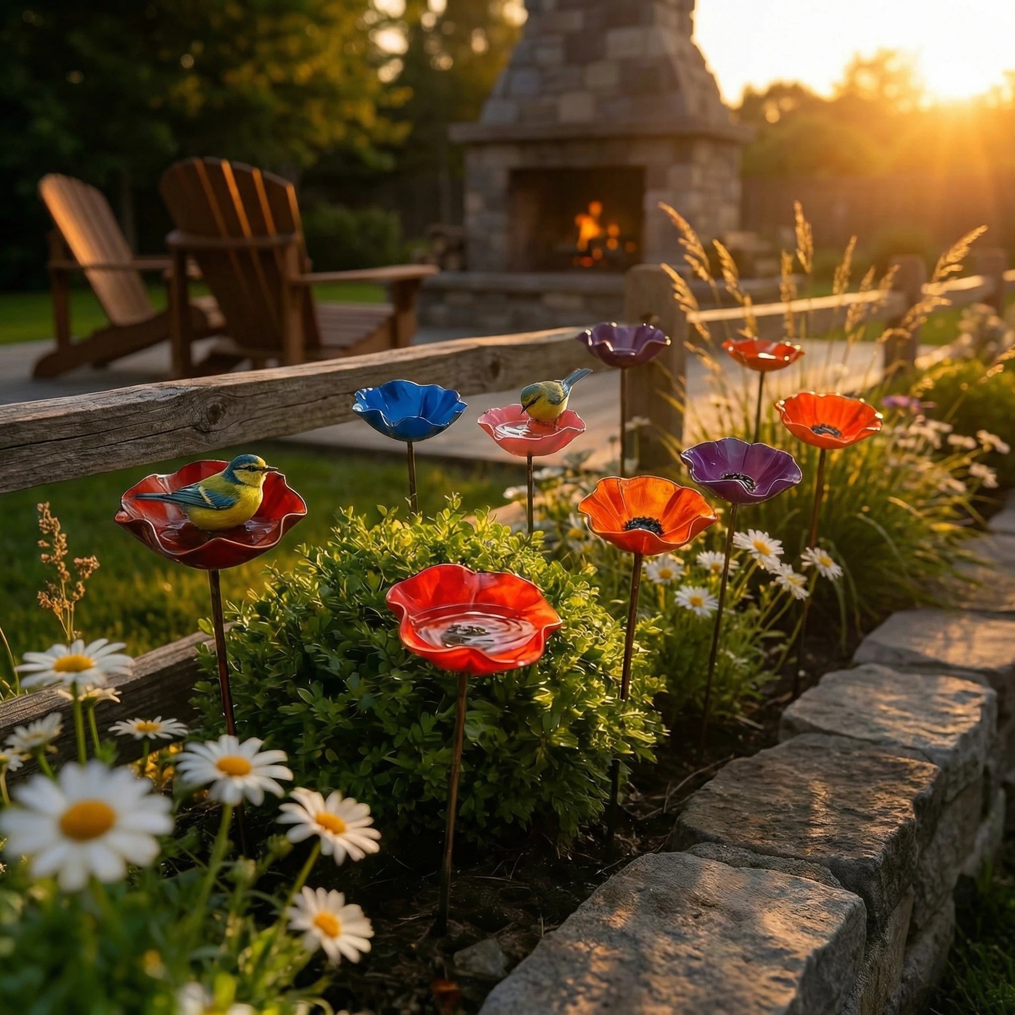 Handmade Metal Flower Bird Bath & Pollinator Water Station