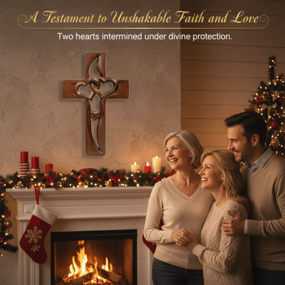 Hand-Carved Intertwined Hearts Wooden Cross