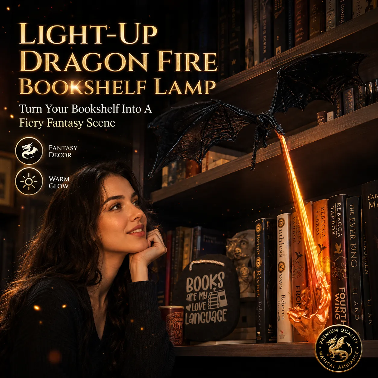 Light-Up Dragon Fire Bookshelf Lamp